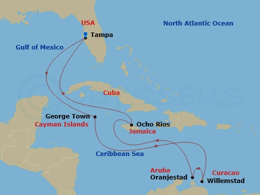 Margaritaville Islander - 10 Night - Aruba, Curacao & Caribbean - Margaritaville Islander - Starting in Port Tampa Bay, George Town, Grand Cayman, Willemstad AN, Curacao, Oranjestad, A.. itinerary map