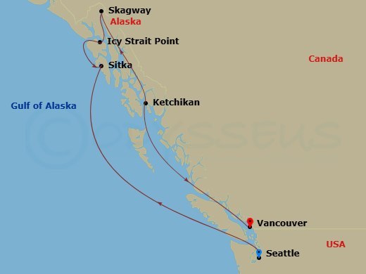 Brilliant Lady - 8 Night - Seattle to Alaska & British Columbia - Brilliant Lady - Starting in Seattle, Washington, Sitka, Alaska, Icy Strait Point, Alaska, Skagway, Alaska, T.. itinerary map