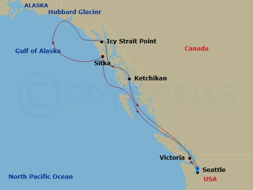 Brilliant Lady - 9 Night - Alaskan Inside Passage & Canadians Coasts - Brilliant Lady - Starting in Seattle, Washington, Inside Passage (Cruising), Ketchikan, Alaska, Icy Stra.. itinerary map