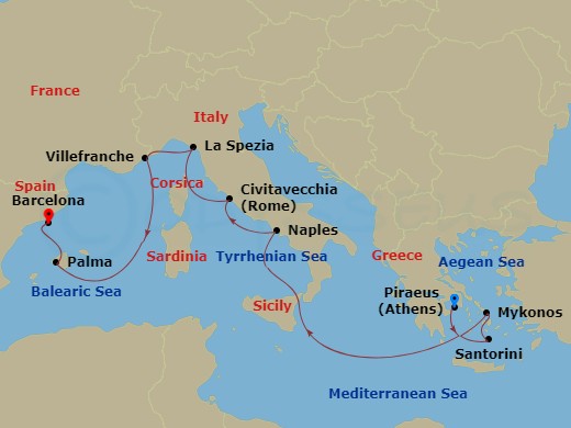 Celebrity Eclipse - 11 Night - Greece, Italy & France Cruise - Celebrity Eclipse - Starting in Athens (Piraeus), Greece, Santorini, Greece, Mykonos, Greece, Naples, Italy, Rome (.. itinerary map