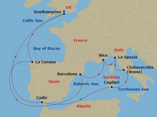 Celebrity Apex - 14 Night - Best of Italy, Spain & France - Celebrity Apex - Starting in Southampton, England, Seville (Cadiz), Spain, Cagliari, Sardinia, Italy, Rome (Civitav.. itinerary map