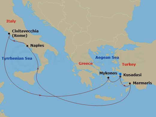 MSC Divina - 7 Night - Mediterranean - MSC Divina - Starting in Kusadasi, Turkey, Marmaris, Turkey, Naples (Pompeii), Italy, Civitavecchia (Rome), Italy, Mykonos, Greece,.. itinerary map