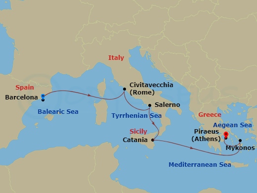 Scarlet Lady - 7 Night - Rome, Mykonos & the Amalfi Coast - Scarlet Lady - Starting in Barcelona, Spain, Civitavecchia (Rome), Italy, Amalfi Coast (Salerno), Italy, Catania,.. itinerary map