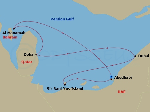 MSC Euribia - 7 Night - Dubai, Abu Dhabi & Qatar - MSC Euribia - Starting in Abu Dhabi, United Arab Emirates, Sir Baniyas Island, UAE, Dubai, United Arab Emirates, Doha, Qa.. itinerary map