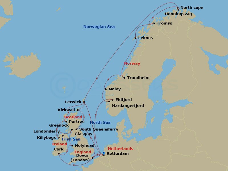 HAL Nieuw Statendam - 28 Night - British Isles & Arctic Circle Collectors' Voyage - HAL Nieuw Statendam - Starting in Rotterdam, the Netherlands, South Queensferry (Edinburgh), Sco.. itinerary map