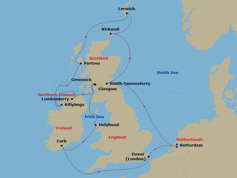 HAL Nieuw Statendam - 14 Night - Wild British Isles : Glasgow Overnight - HAL Nieuw Statendam - Starting in Rotterdam, the Netherlands, South Queensferry (Edinburgh), Scotland, Uni.. itinerary map