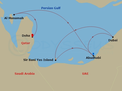 Celestyal Journey - 7 Night - Desert Days, Cruise - Celestyal Journey - Starting in Abu Dhabi, Uae, Dubai, Uae, Sir Baniyas Island, UAE, Abu Dhabi, Uae, Bahrain, Doha, Qatar itinerary map