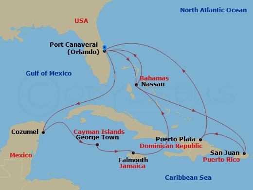 MSC Grandiosa - 14 Night - Caribbean and Antilles - MSC Grandiosa - Starting in Port Canaveral (Orlando), Florida, Nassau, Bahamas, San Juan, Puerto Rico, Puerto Plata, Domin.. itinerary map