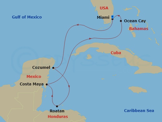 MSC Seaside - 7 Night - Caribbean and Antilles - MSC Seaside - Starting in Miami, Florida, Cozumel, Mexico, Isla De Roatan, Honduras, Costa Maya, Mexico, Ocean Cay Msc Mari.. itinerary map