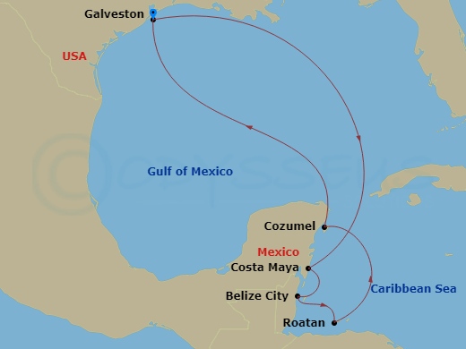 RCL Mariner of the Seas - 7 Night - Western Caribbean Holiday - RCL Mariner of the Seas - Starting in Galveston, Texas, Puerto Costa Maya, Mexico, Belize City, Belize, Roatan, Honduras.. itinerary map