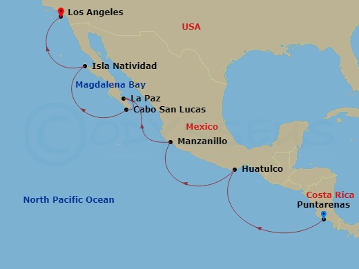 Crystal Serenity - 12 Night - The Americas & Caribbean - Crystal Serenity - Starting in Puerto Caldera, Huatulco, Manzanillo, La Paz, Cabo San Lucas (Baja California Sur), Baja.. itinerary map