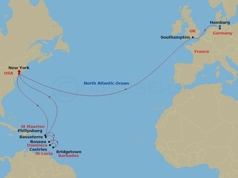 Queen Mary 2 - 21 Night - Transatlantic Crossing and Eastern Caribbean - Queen Mary 2 - Starting in Hamburg, Germany, Southampton, England, UK, New York, NY, Philipsburg, St.. itinerary map