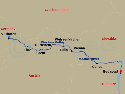 Celebrity Compass - 7 Night - Danube River - Vienna & Budapest - Celebrity Compass - Starting in Vilshofen, Germany, Linz, Austria, Grein, Austria, Wachau Scenic, Weissenkirchen,.. itinerary map