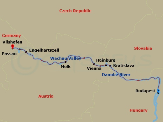 Celebrity Seeker - 7 Night - Danube River - Budapest & Vienna - Celebrity Seeker - Starting in Budapest, Hungary, Scenic Budapest, Bratislava, Slovakia, Hainburg, Austria, Vienn.. itinerary map