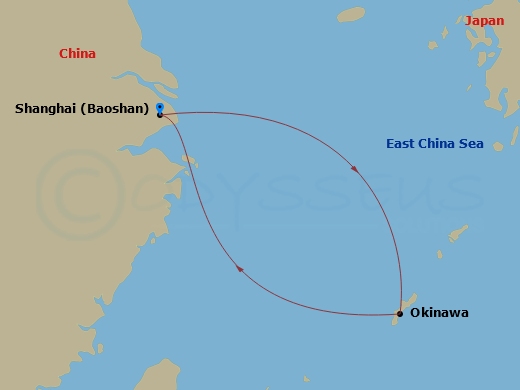 RCL Spectrum of the Seas - 4 Night - Okinawa Cruise - RCL Spectrum of the Seas - Starting in Shanghai (Baoshan), China, Okinawa, Japan, Shanghai (Baoshan), China itinerary map