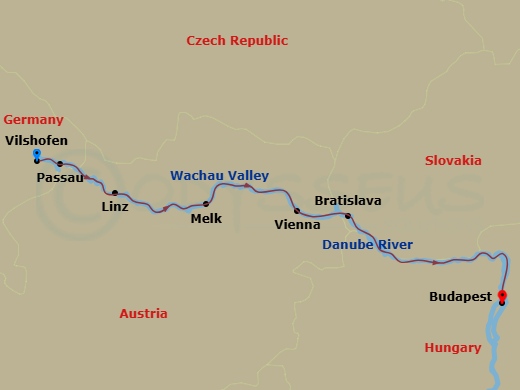 Celebrity Seeker - 7 Night - Danube River - Christmas Markets - Celebrity Seeker - Starting in Vilshofen, Germany, Passau, Germany, Linz, Austria, Melk, Austria, Wachau Scenic,.. itinerary map