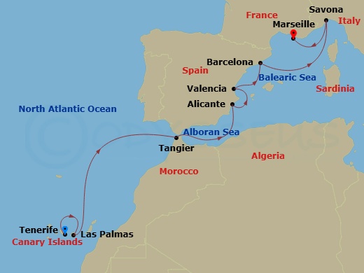 Costa Toscana - 9 Night - Transatlantic from S. Cruz De Tenerife - Costa Toscana - Starting in Santa Cruz de Tenerife, Las Palmas, Tangier, Alicante, Valencia, Barcelona, Sav.. itinerary map