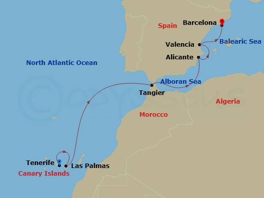 Costa Toscana - 7 Night - Transatlantic from S. Cruz De Tenerife - Costa Toscana - Starting in Santa Cruz de Tenerife, Las Palmas, Tangier, Alicante, Valencia, Barcelona itinerary map