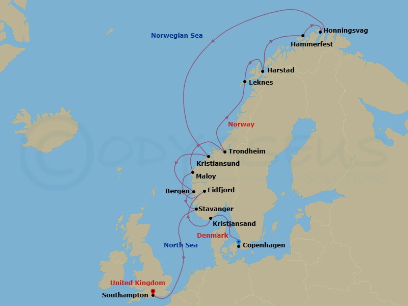 18 Night - Ultimate Norwegian Odyssey - Seven Seas Voyager - Starting in Copenhagen, Cruising the Skagerrak, Kristiansand, Eidfjord, Maloy, Trondheim, Cruising the Norwegian Sea, Leknes, Harstad, Cruising the Norwegian Sea, Hammerfest, Honningsvag, Cruising the Norwegian Sea, Kristiansund, Bergen, Stavanger, Cruising the North Sea, London (Southampton) itinerary map