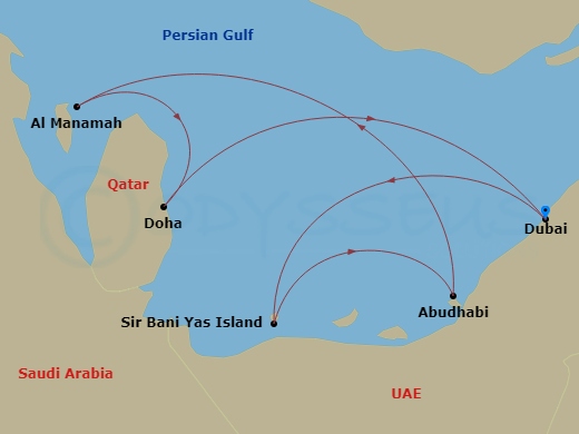 7 Night - Dubai, Abu Dhabi & Qatar - MSC World Europa - Starting in Dubai, United Arab Emirates, Sir Baniyas Island, UAE, Abu Dhabi, United Arab Emirates, Bahrain, Doha, Qatar, Dubai, United Arab Emirates itinerary map