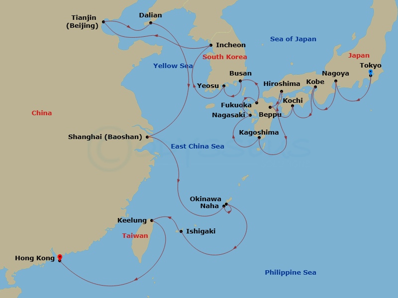 Azamara Pursuit - 29 Night - Asia Cruise : Japan, China & South Korea - Azamara Pursuit - Starting in Tokyo, Nagoya, Kobe, Kochi, Hiroshima, Beppu, Kagoshima, Nagasaki, Fukuoka.. itinerary map