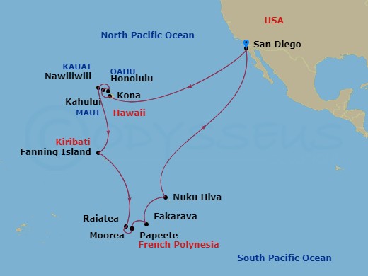 HAL Koningsdam - 35 Night - Legendary Hawaii, Tahiti & Marquesas - HAL Koningsdam - Starting in San Diego, California, Kona, Hawaii, Kahului, Maui, Honolulu, Hawaii, Nawiliwil.. itinerary map