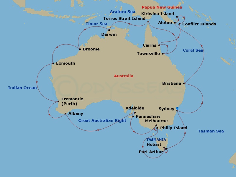 HAL Noordam - 35 Night - Legendary Australia Circumnavigation - HAL Noordam - Starting in Sydney AU, Brisbane, Australia, Alotau, Papua New Guinea, Kiriwina Island, Papua N.. itinerary map