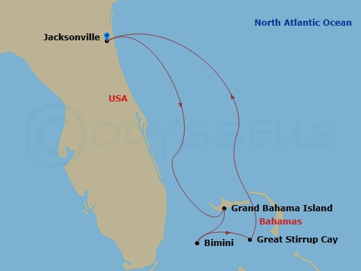 NCL Norwegian Gem - 5 Night - Bahamas - Short - NCL Norwegian Gem - Starting in Jacksonville, Florida, Grand Bahama Island, Bahamas, Bimini, Bahamas, Great Stirrup Cay, Bahamas,.. itinerary map