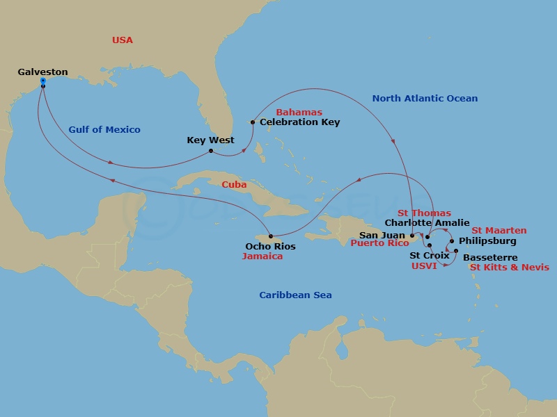 Carnival Dream - 14 Night - Journeys - Eastern Caribbean - Carnival Dream - Starting in Galveston, Tx, Key West, FL, Celebration Key, the Bahamas, San Juan, Puerto Rico, St Cr.. itinerary map