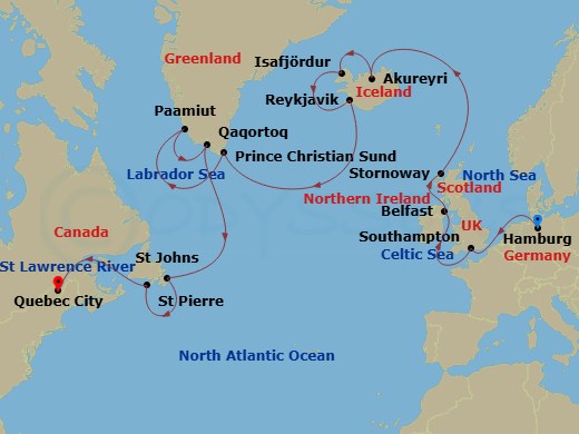 EXPLORA IV - 21 Night - A Journey of Celtic Isles, Arctic Passages & Canadian Charm - EXPLORA IV - Starting in Hamburg, Southampton, Belfast, Stornoway (Isle of Lewis), Ak.. itinerary map