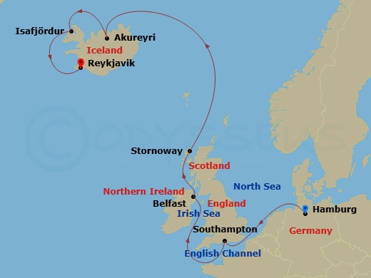 EXPLORA IV - 10 Night - A Journey from Celtic Shores to Icelandic Fjords - EXPLORA IV - Starting in Hamburg, Southampton, Belfast, Stornoway (Isle of Lewis), Akureyri, Isa.. itinerary map