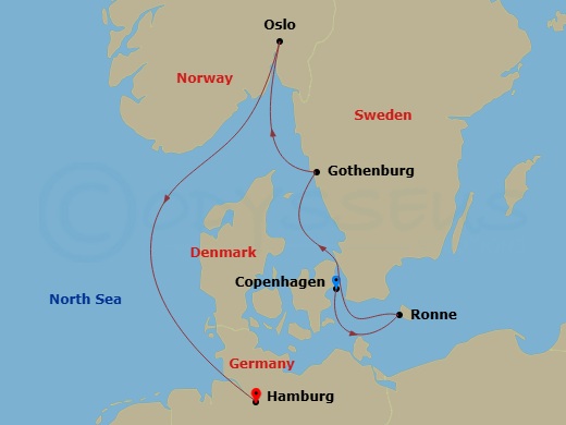 EXPLORA IV - 5 Night - A Journey of Nordic Cities & Coastal Calm - EXPLORA IV - Starting in Copenhagen, Ronne, Goteborg, Oslo, Hamburg itinerary map