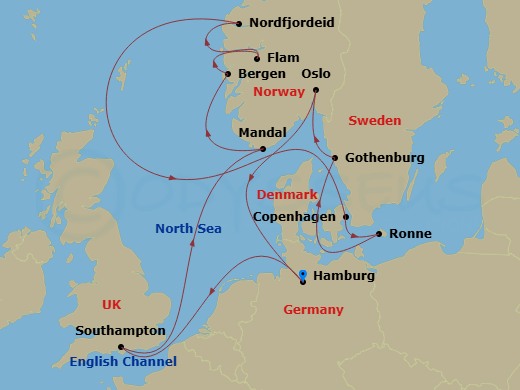 EXPLORA IV - 14 Night - A Journey Through Legendary Fjords & Nordic Beauty - EXPLORA IV - Starting in Hamburg, Southampton, Mandal, Bergen, Flam, Norway, Nordfjordeid, Cop.. itinerary map