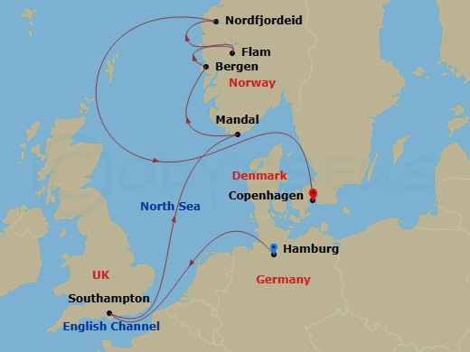 EXPLORA IV - 9 Night - A Journey Through Majestic Fjords & Cliffside Beauty - EXPLORA IV - Starting in Hamburg, Southampton, Mandal, Bergen, Flam, Norway, Nordfjordeid, Co.. itinerary map
