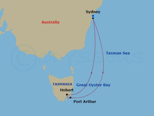 Carnival Splendor - 5 Night - Tasmania - Carnival Splendor - Starting in Sydney AU, Hobart, Tasmania, Australia, Port Arthur, Tasmania, Australia, Sydney AU itinerary map