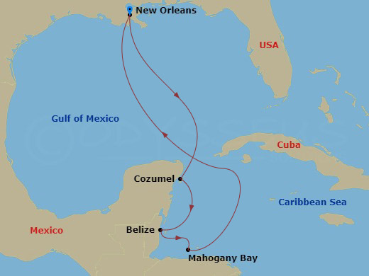 Carnival Liberty - 7 Night - Western Caribbean - Carnival Liberty - Starting in New Orleans, La, Cozumel, Mexico, Belize, Mahogany Bay, Roatan, New Orleans, La itinerary map