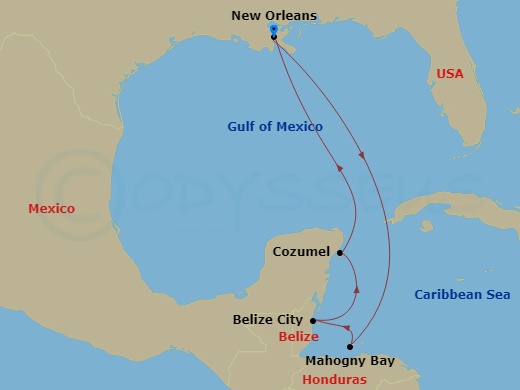 Carnival Liberty - 7 Night - Western Caribbean - Carnival Liberty - Starting in New Orleans, La, Mahogany Bay, Roatan, Belize, Cozumel, Mexico, New Orleans, La itinerary map
