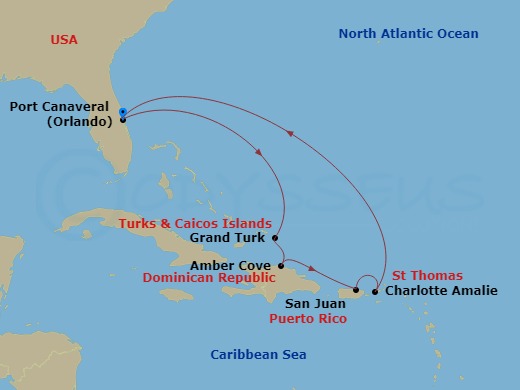 Carnival Vista - 8 Night - Eastern Caribbean - Carnival Vista - Starting in Port Canaveral (Orlando), Fl, St Thomas, US Virgin Islands, San Juan, Puerto Rico, Amber Cove, Domi.. itinerary map