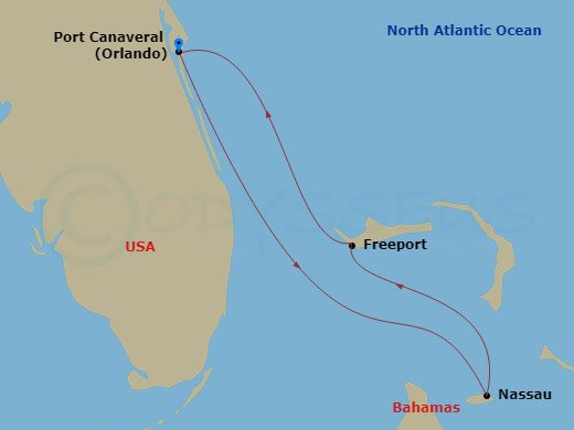 Carnival Glory - 4 Night - Bahamas - Carnival Glory - Starting in Port Canaveral (Orlando), Fl, Nassau, Bahamas, Freeport, the Bahamas, Port Canaveral (Orlando), Fl itinerary map