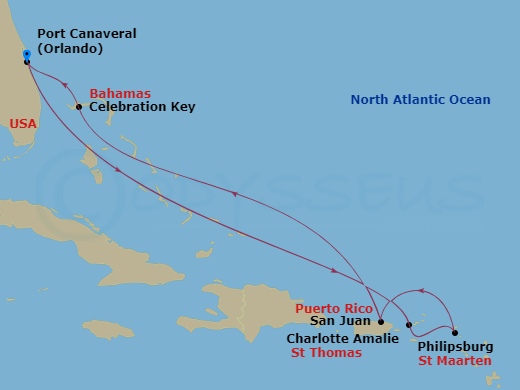 Carnival Vista - 8 Night - Eastern Caribbean - Carnival Vista - Starting in Port Canaveral (Orlando), Fl, St Thomas, US Virgin Islands, St Maarten, San Juan, Puerto Rico, Cele.. itinerary map