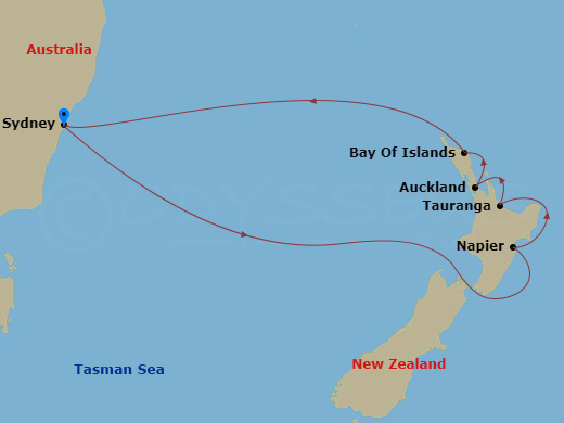 Carnival Splendor - 10 Night - Journeys - New Zealand - Carnival Splendor - Starting in Sydney AU, Napier, New Zealand, Tauranga, New Zealand, Auckland, New Zealand, Bay of Islan.. itinerary map