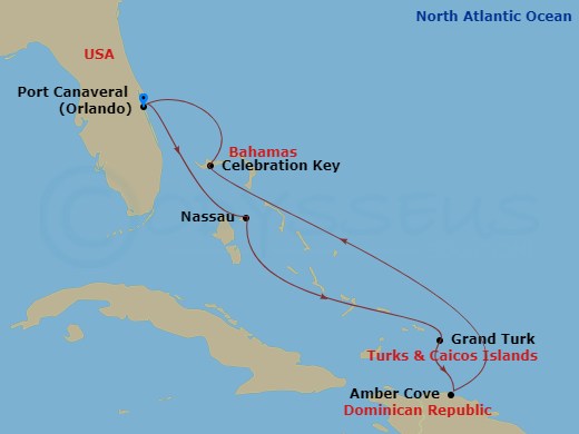 Carnival Mardi Gras - 7 Night - Eastern Caribbean - Carnival Mardi Gras - Starting in Port Canaveral (Orlando), Fl, Nassau, Bahamas, Grand Turk, Amber Cove, Dominican Republic, Cel.. itinerary map