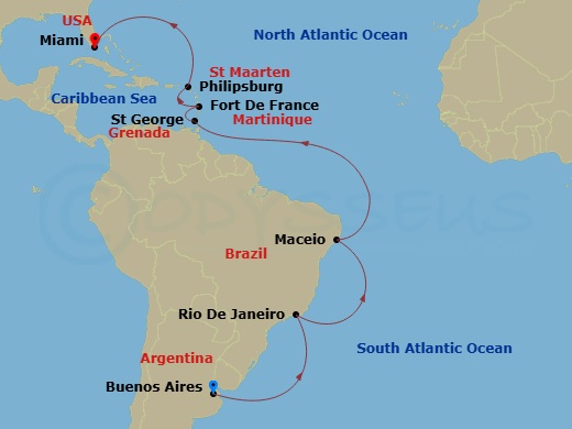 Carnival Firenze - 16 Night - Journeys - South America - Carnival Firenze - Starting in Buenos Aires, Argentina, Rio De Janeiro, Brazil, Maceio, Brazil, Crossing the Equator, Gr.. itinerary map