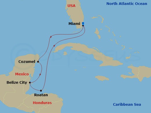 Carnival Firenze - 7 Night - Western Caribbean - Carnival Firenze - Starting in Miami, Fl, Cozumel, Mexico, Belize, Isla Tropicale, Roatan, Miami, Fl itinerary map