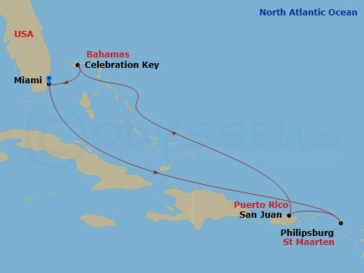 Carnival Celebration - 7 Night - Eastern Caribbean - Carnival Celebration - Starting in Miami, Fl, St Maarten, San Juan, Puerto Rico, Celebration Key, the Bahamas, Miami, Fl itinerary map