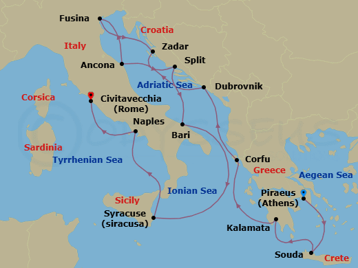 14 Night - Mediterranean & Adriatic Odyssey - Viking Saturn - Starting in Athens (Piraeus), Crete (Souda Bay), Kalamata, Corfu (Kerkyra), Dubrovnik, Croatia, Ancona, Venice (Fusina), Zadar, Split, Bari, Sail the Mediterranean Sea, Sicily (Syracuse IT), Naples, Rome (Civitavecchia) itinerary map