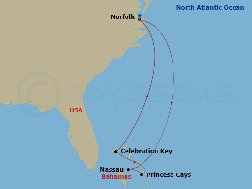 Carnival Sunshine - 6 Night - Bahamas - Carnival Sunshine - Starting in Norfolk, Va, Nassau, Bahamas, Princess Cays, the Bahamas, Celebration Key, the Bahamas, Norfolk, Va itinerary map