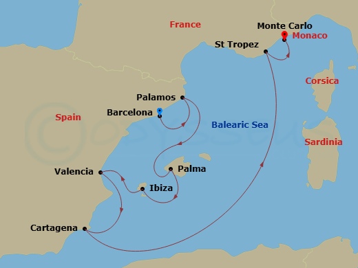 Silver Ray - 8 Night - Barcelona to Monte Carlo - Silver Ray - Starting in Barcelona, Palamos, Palma De Mallorca, Ibiza, Valencia, Cartagena ES, Spain, Saint Tropez, Monte.. itinerary map