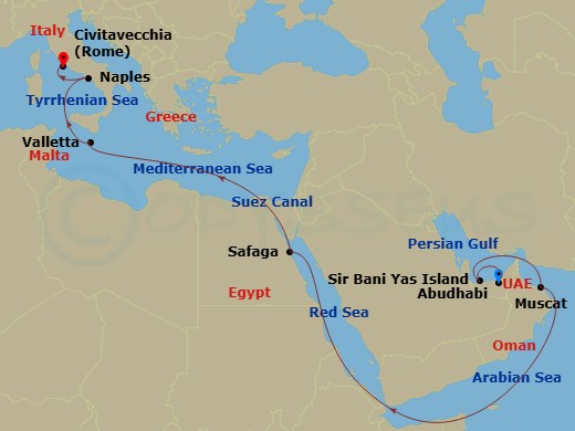 MSC World Europa - 16 Night - Msc Grand Voyages - MSC World Europa - Starting in Abu Dhabi, United Arab Emirates, Sir Baniyas Island, UAE, Muscat, Oman, Safaga, Egypt, Suez Cana.. itinerary map
