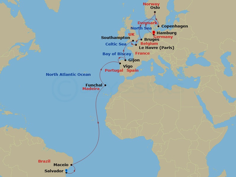 20 Night - Msc Grand Voyages - MSC Preziosa - Starting in Salvador, Brazil, Maceio, Brazil, Funchal (Madeira Islands), Portugal, Vigo (Santiago De Compostela), Spain, Gijon, Spain, Southampton (London), United Kingdom, Le Havre (Paris), France, Zeebrugge (Bruges), Belgium, Copenhagen, Denmark, Oslo, Norway, Hamburg, Germany itinerary map
